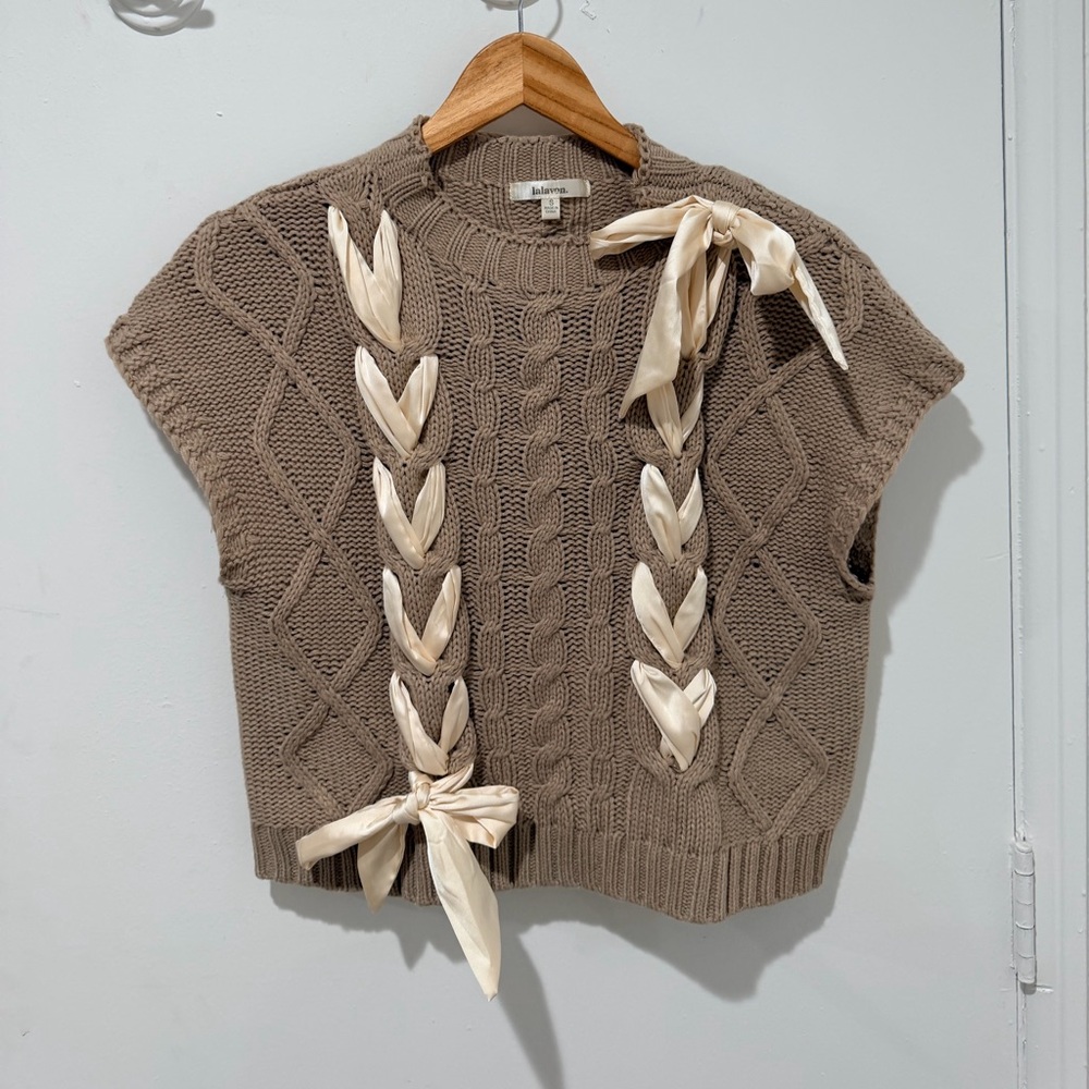 Brown Knit Sweater Vest with Cream Bows